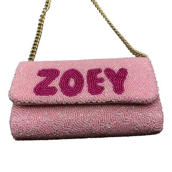 Island to East Side Handbags - Island to East Side Zoey Pink Beaded Clutch Bag Personalized Gold Chain Strap